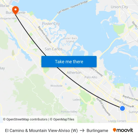 El Camino & Mountain View-Alviso (W) to Burlingame map