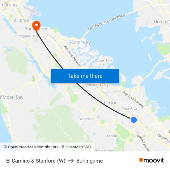 El Camino & Stanford (W) to Burlingame map