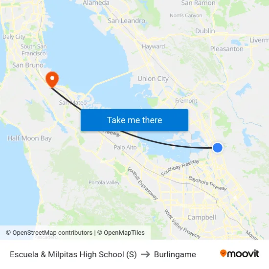 Escuela & Milpitas High School (S) to Burlingame map