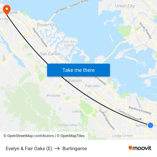 Evelyn & Fair Oaks (E) to Burlingame map