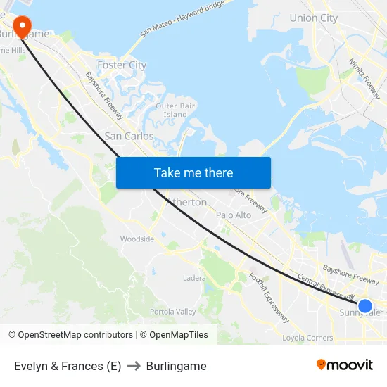 Evelyn & Frances (E) to Burlingame map