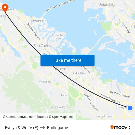 Evelyn & Wolfe (E) to Burlingame map