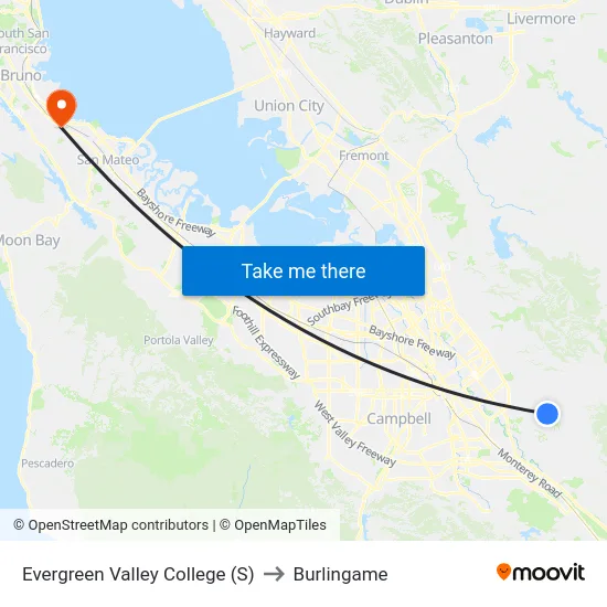 Evergreen Valley College (S) to Burlingame map
