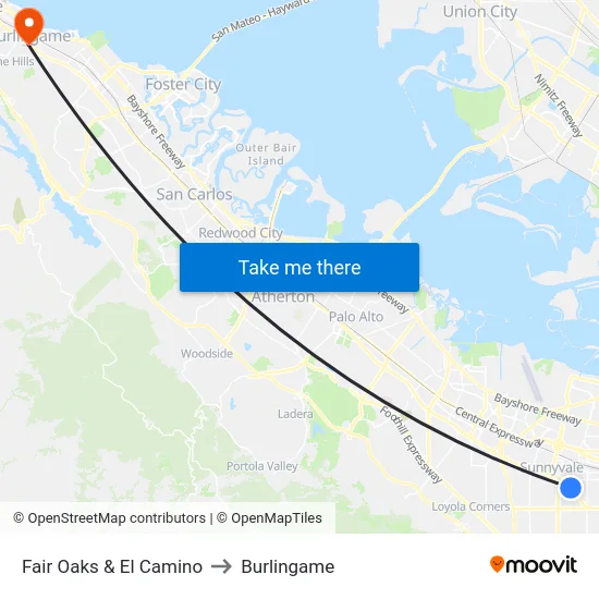 Fair Oaks & El Camino to Burlingame map