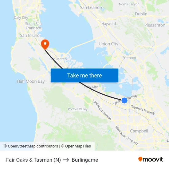 Fair Oaks & Tasman (N) to Burlingame map