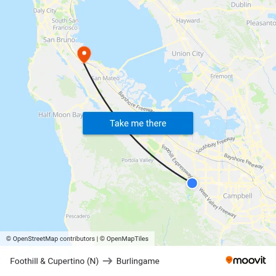 Foothill & Cupertino (N) to Burlingame map