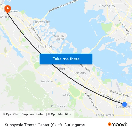 Sunnyvale Transit Center (S) to Burlingame map