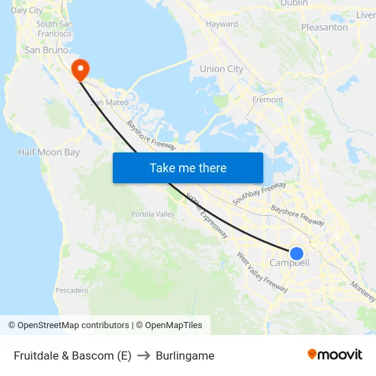 Fruitdale & Bascom (E) to Burlingame map
