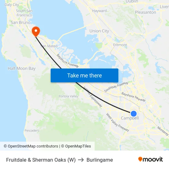 Fruitdale & Sherman Oaks (W) to Burlingame map