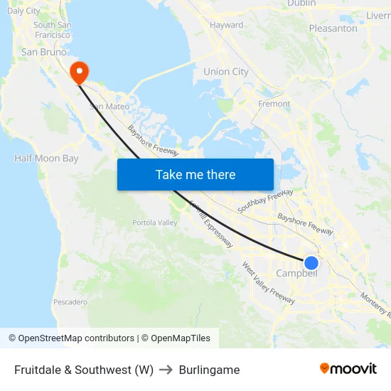 Fruitdale & Southwest (W) to Burlingame map