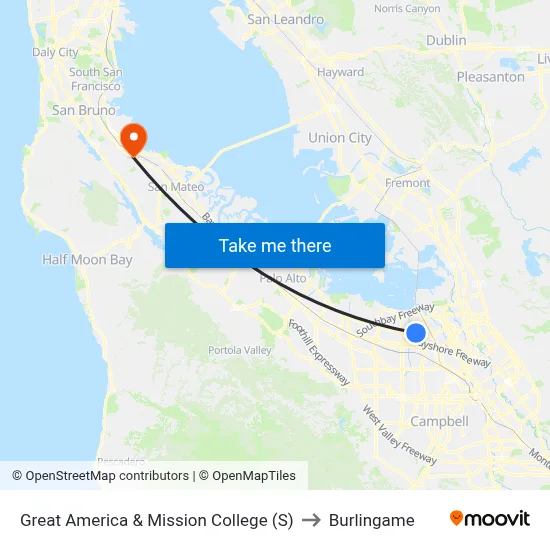 Great America & Mission College (S) to Burlingame map