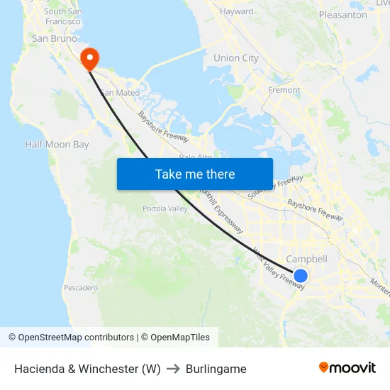 Hacienda & Winchester (W) to Burlingame map