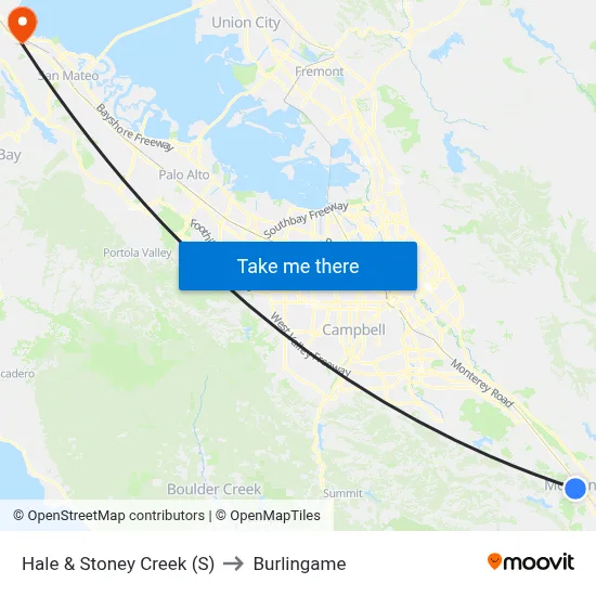 Hale & Stoney Creek (S) to Burlingame map