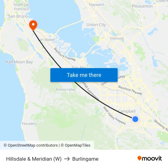 Hillsdale & Meridian (W) to Burlingame map