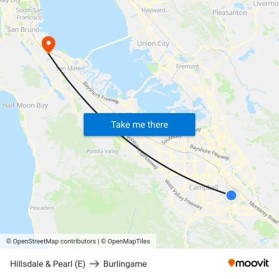 Hillsdale & Pearl (E) to Burlingame map