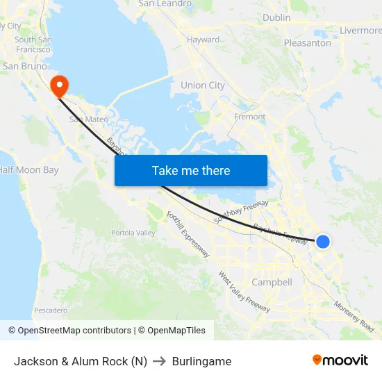 Jackson & Alum Rock (N) to Burlingame map