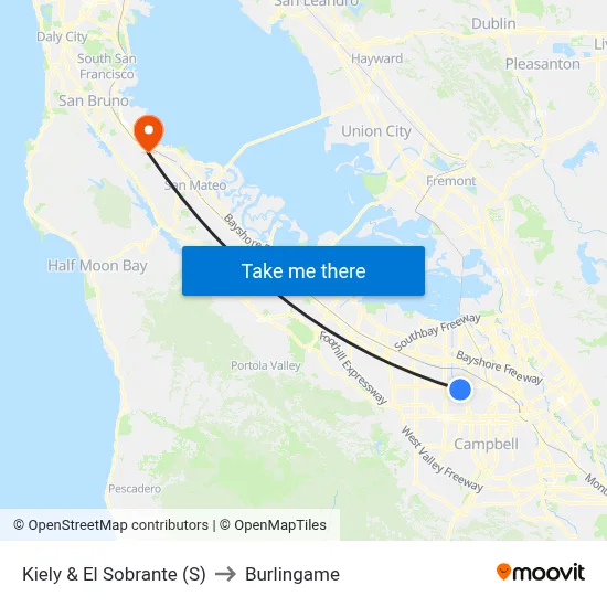 Kiely & El Sobrante (S) to Burlingame map