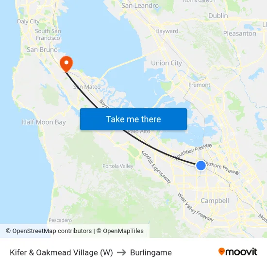 Kifer & Oakmead Village (W) to Burlingame map