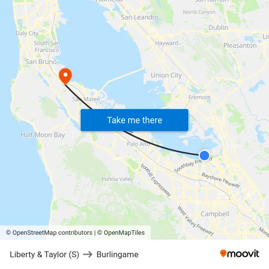 Liberty & Taylor (S) to Burlingame map