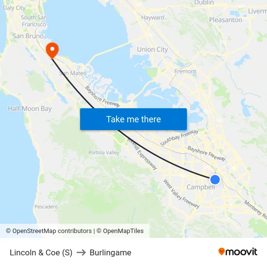 Lincoln & Coe (S) to Burlingame map