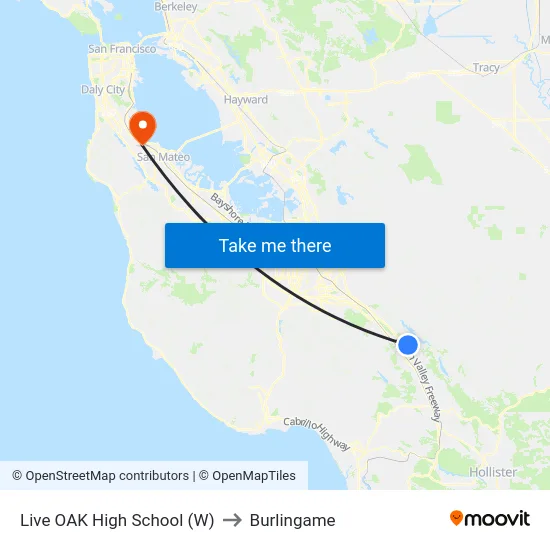 Live OAK High School (W) to Burlingame map