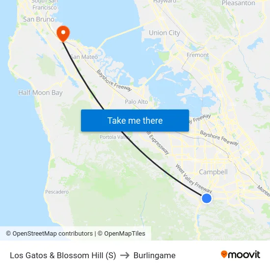 Los Gatos & Blossom Hill (S) to Burlingame map