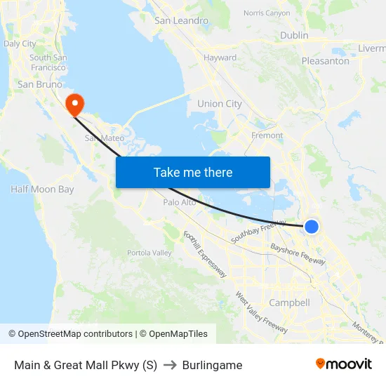 Main & Great Mall Pkwy (S) to Burlingame map