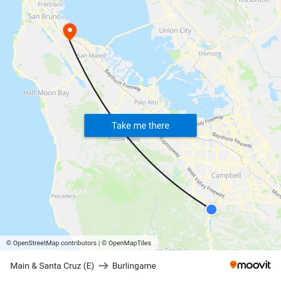 Main & Santa Cruz (E) to Burlingame map
