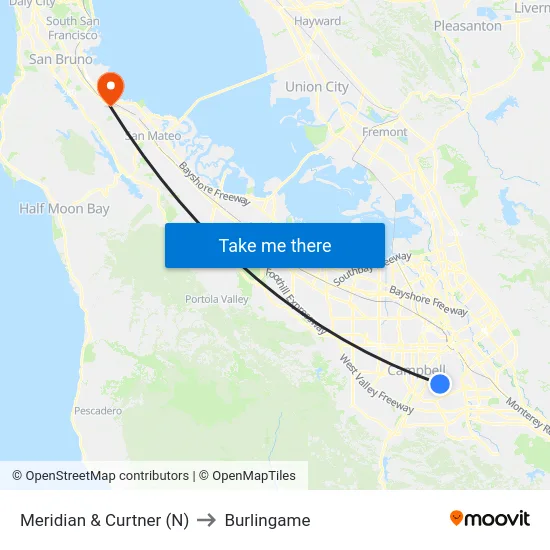 Meridian & Curtner (N) to Burlingame map