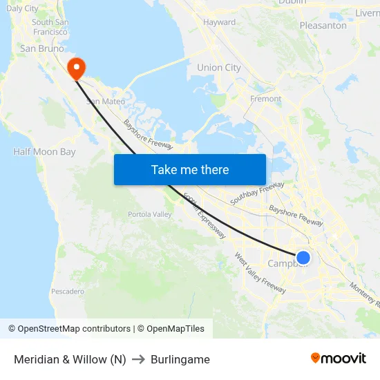 Meridian & Willow (N) to Burlingame map