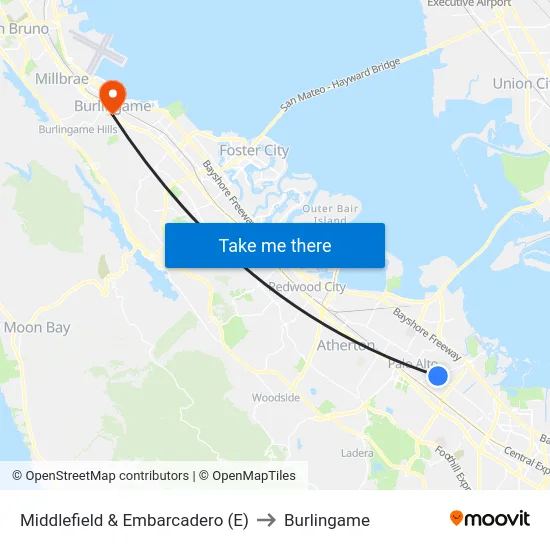 Middlefield & Embarcadero (E) to Burlingame map