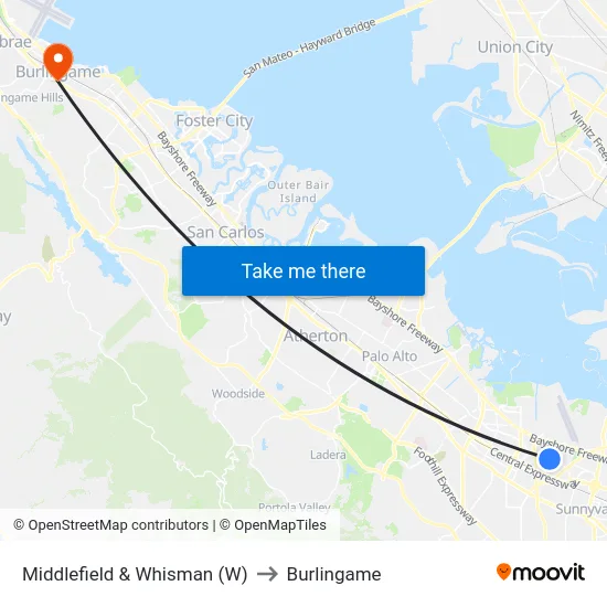 Middlefield & Whisman (W) to Burlingame map