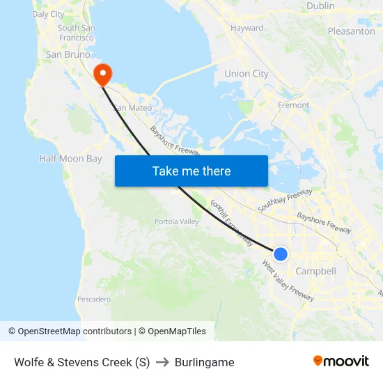 Wolfe & Stevens Creek (S) to Burlingame map