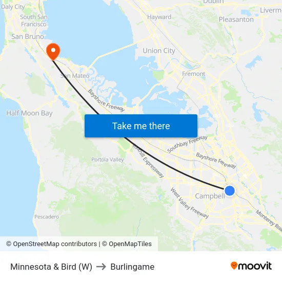 Minnesota & Bird (W) to Burlingame map