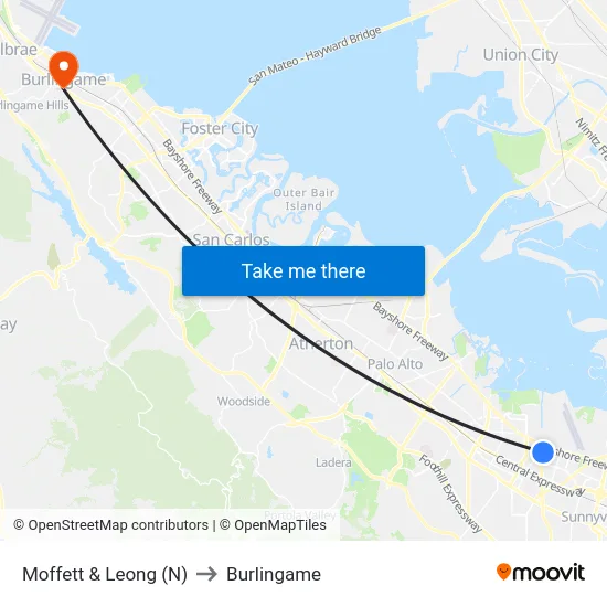 Moffett & Leong (N) to Burlingame map