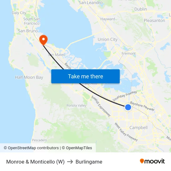 Monroe & Monticello (W) to Burlingame map