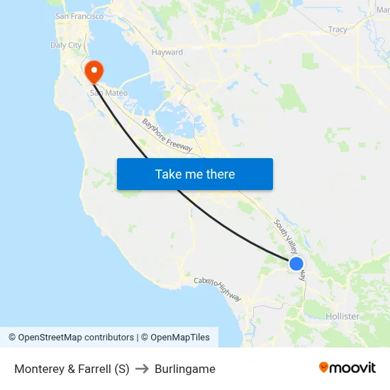 Monterey & Farrell (S) to Burlingame map