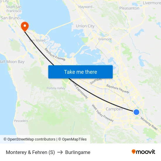 Monterey & Fehren (S) to Burlingame map