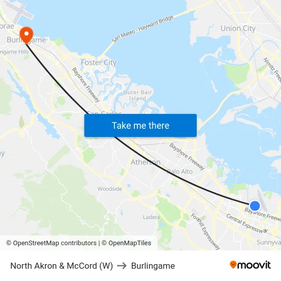 North Akron & McCord (W) to Burlingame map