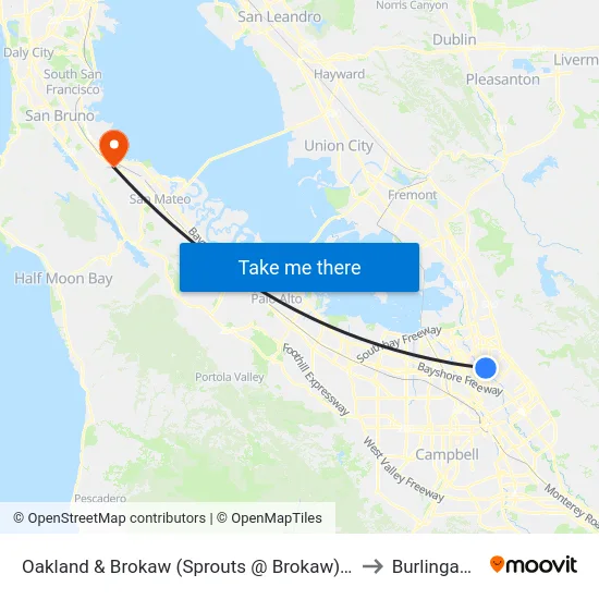 Oakland & Brokaw (Sprouts @ Brokaw) (S) to Burlingame map