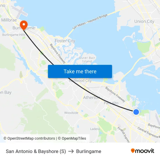 San Antonio & Bayshore (S) to Burlingame map