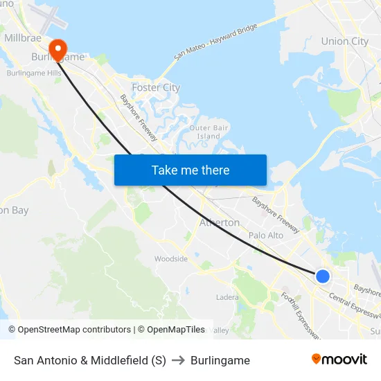 San Antonio & Middlefield (S) to Burlingame map