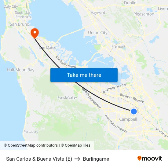 San Carlos & Buena Vista (E) to Burlingame map