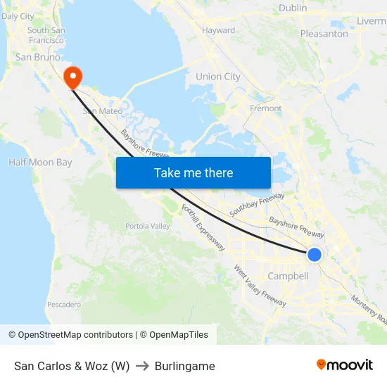 San Carlos & Woz (W) to Burlingame map