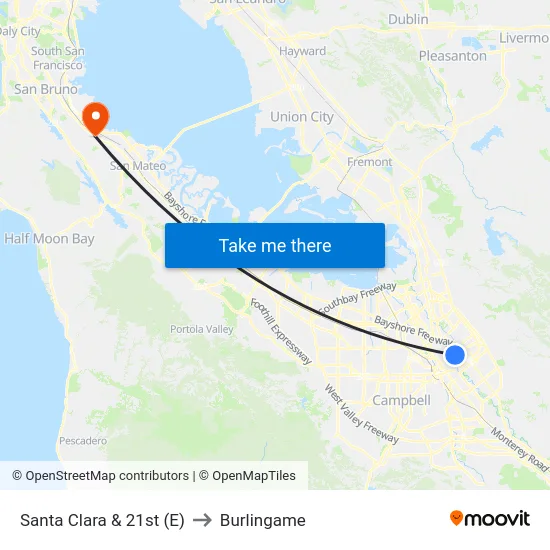 Santa Clara & 21st (E) to Burlingame map