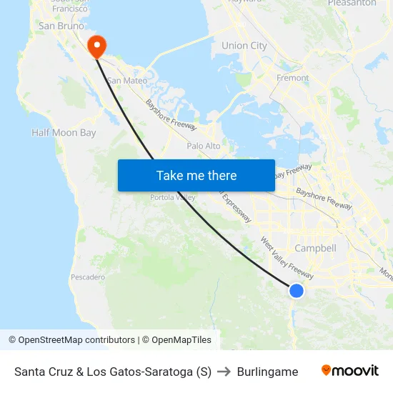 Santa Cruz & Los Gatos-Saratoga (S) to Burlingame map