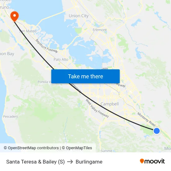 Santa Teresa & Bailey (S) to Burlingame map
