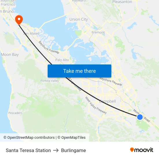 Santa Teresa Station to Burlingame map