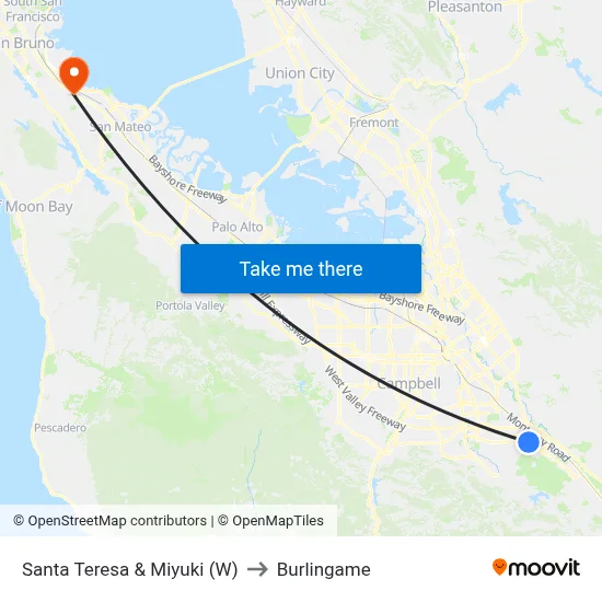 Santa Teresa & Miyuki (W) to Burlingame map