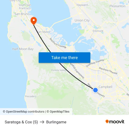 Saratoga & Cox (S) to Burlingame map